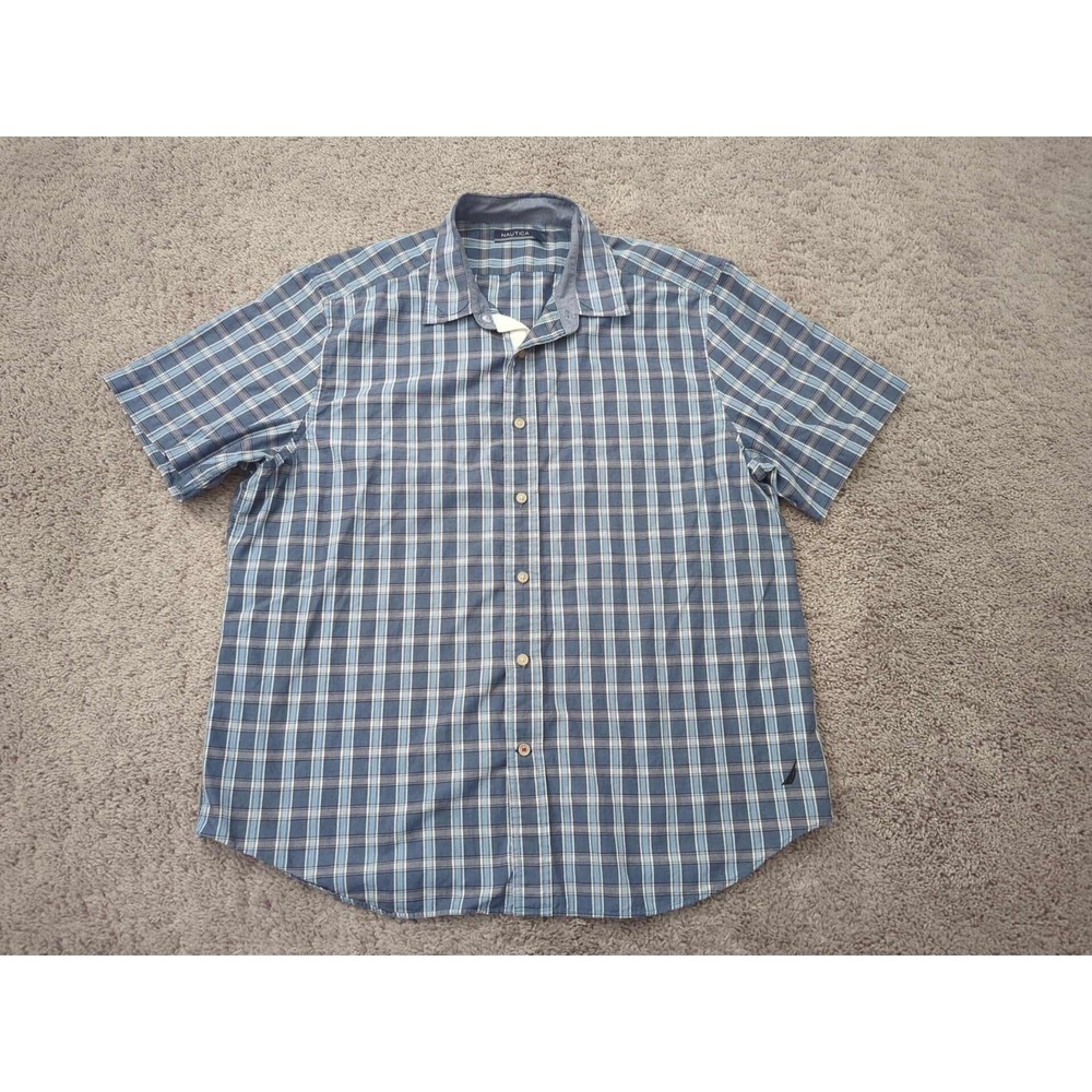 Nautica Button Up Shirt Mens XL Blue Plaid Short Sleeve 100%Cotton Preppy Casual